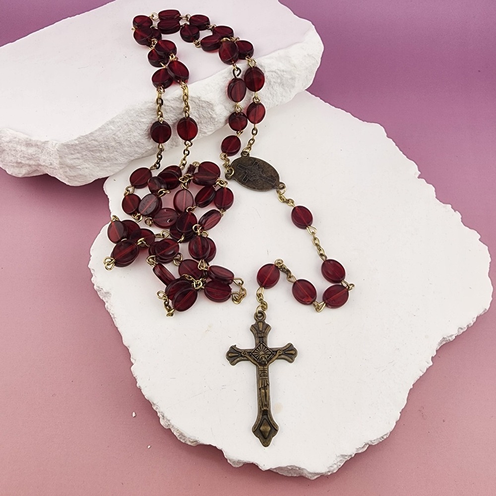 Saint Therese Rosary Necklace Red Glass Beads Crucifix Catholic Bronze Tone